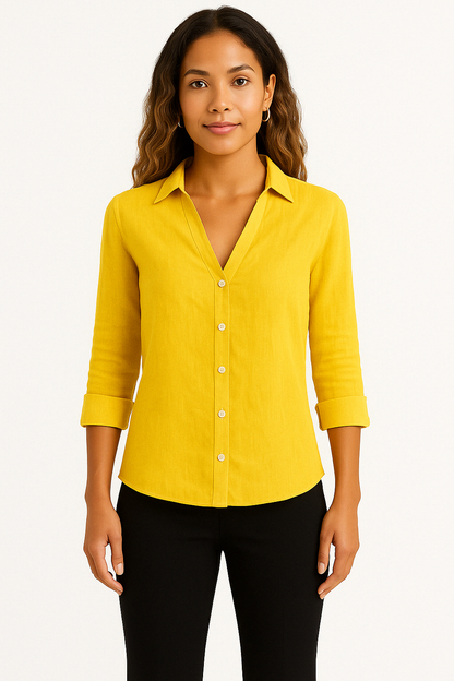 Dames Blouse van Linnenmix – Knoopsluiting & 3/4 Mouwen met Strikdetail