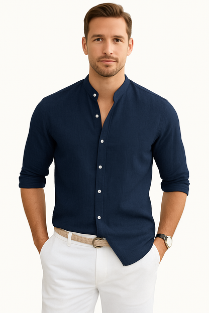 Heren Linnen Shirt met Opstaande Kraag en Lange Mouwen Lichte Stof en Relaxte Pasvorm