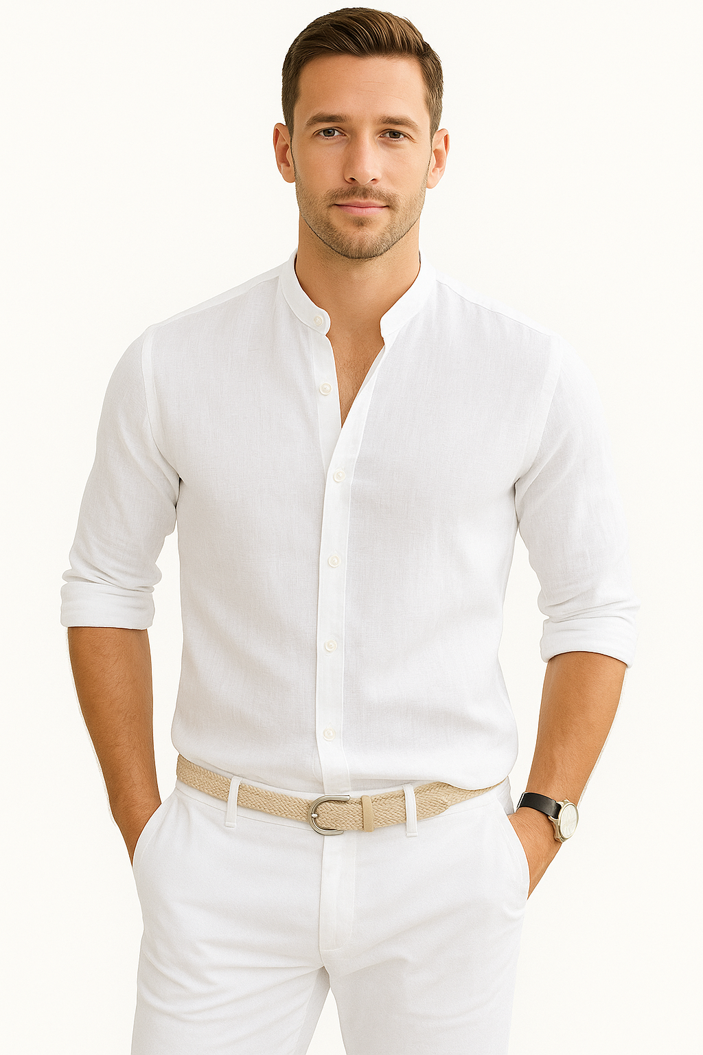 Heren Linnen Shirt met Opstaande Kraag en Lange Mouwen Lichte Stof en Relaxte Pasvorm