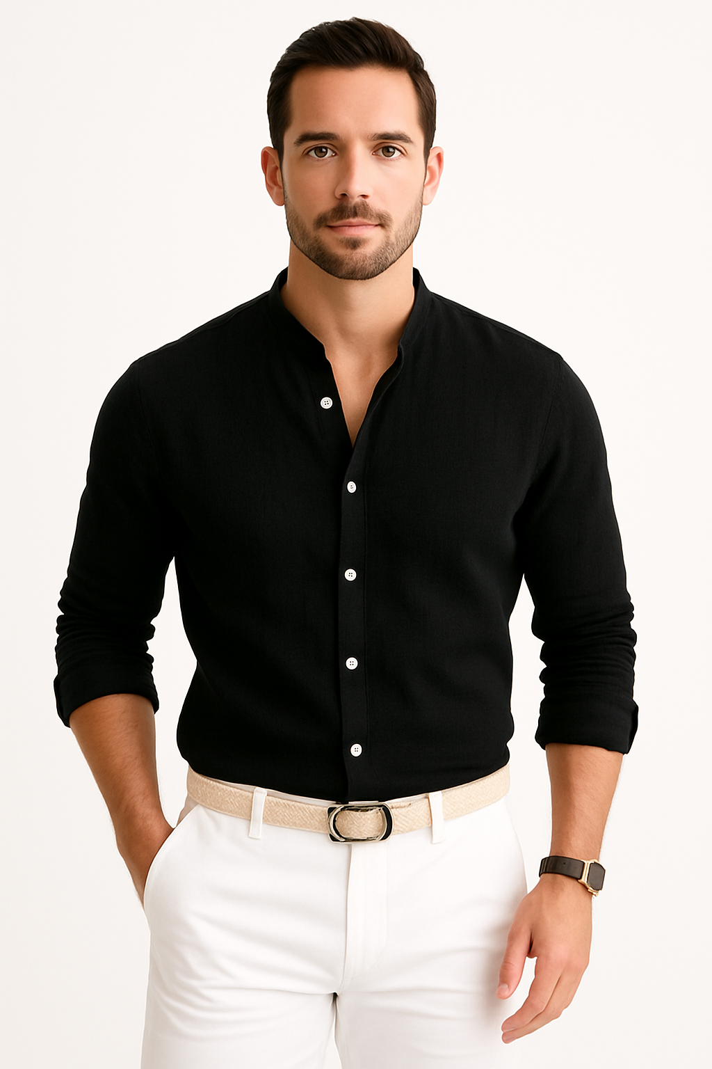 Heren Linnen Shirt met Opstaande Kraag en Lange Mouwen Lichte Stof en Relaxte Pasvorm